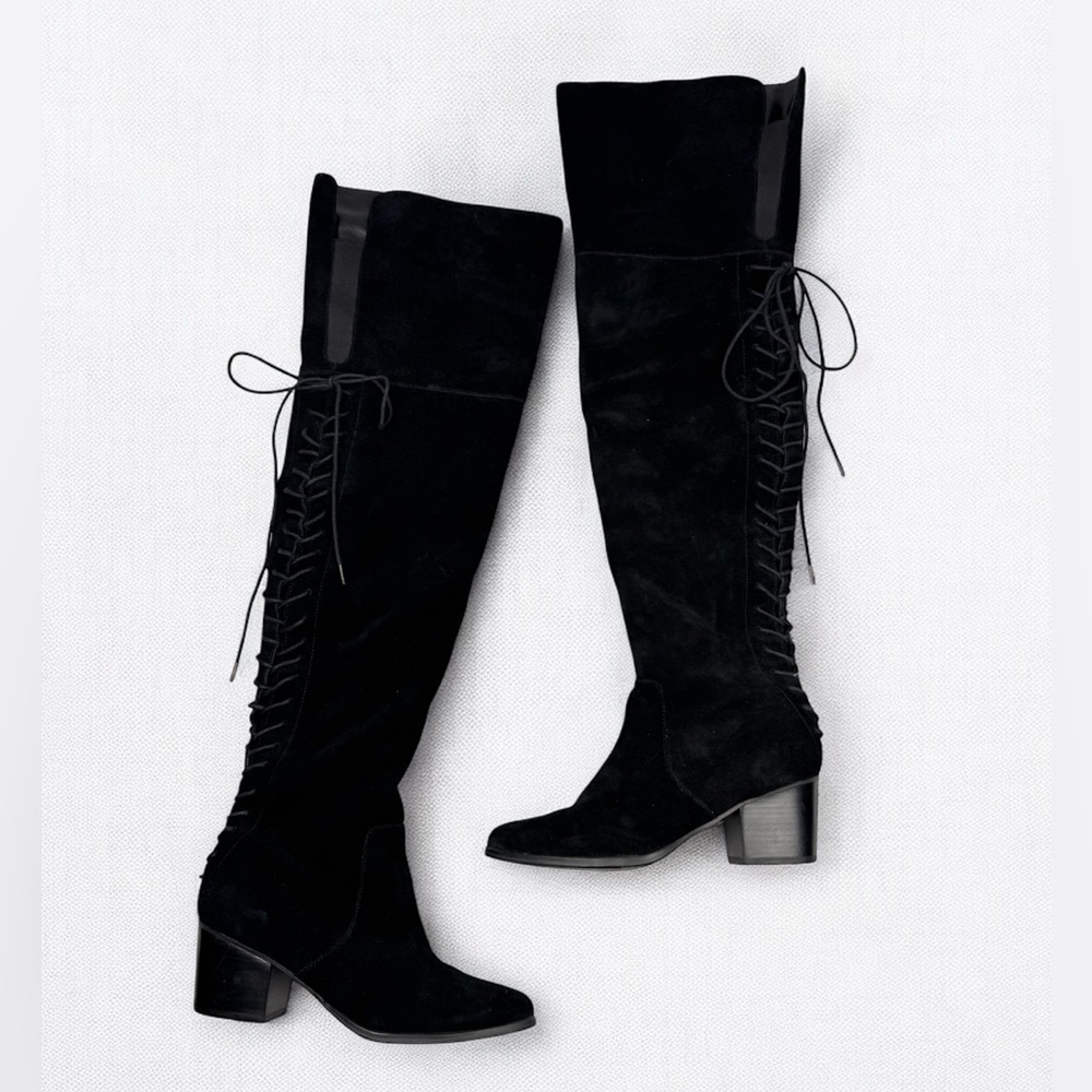 Aldo Black Leather Suede Knee High Lace Up Boots Block Heel Fall Size 7.5 US